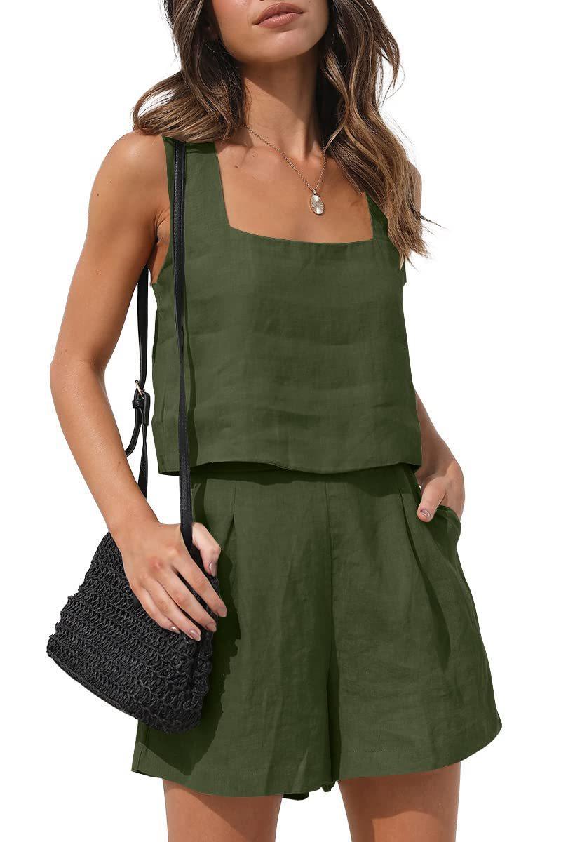 2024 Amazon New European and American Women's 2-Piece Casual Suit Linen Shorts Sleeveless Top Vest