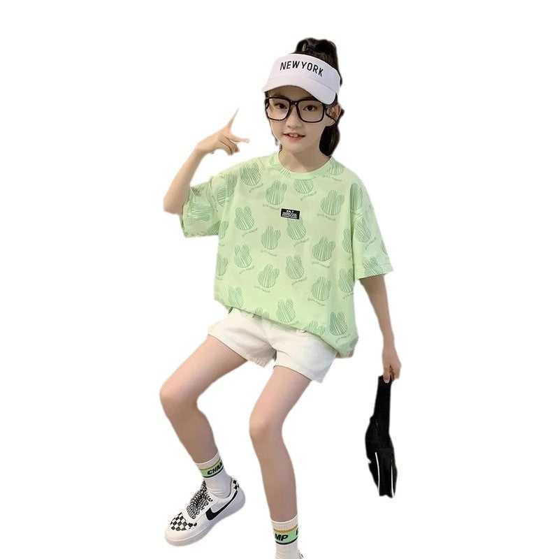 Ice silk short sleeve t-shirt girls summer clothes foreign style 2025 tops new middle and big children's fashionable trendy children's clothes thin children's
