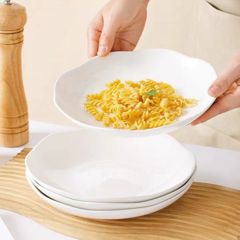 Pure white ceramic plate, vegetable plate, household simple tableware, underglaze colorful vegetable plate, deep dinner plate, Nordic creative lotus leaf plate