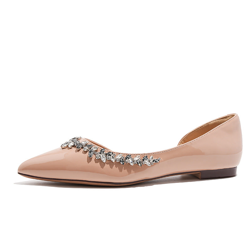 French pointed toe side hollow single shoes women's 2025 new spring and summer temperament light luxury nude pink rhinestone patent leather flat women's shoes