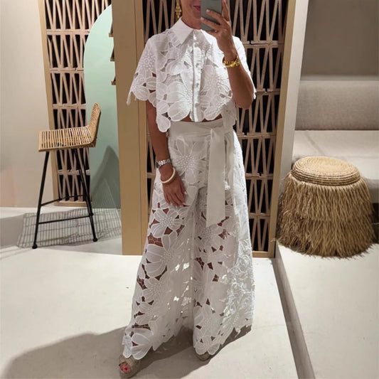 European and American fashion casual suit, embroidered lace shirt, high-waisted cut-out trouser suit, versatile top, wide-leg pants, women