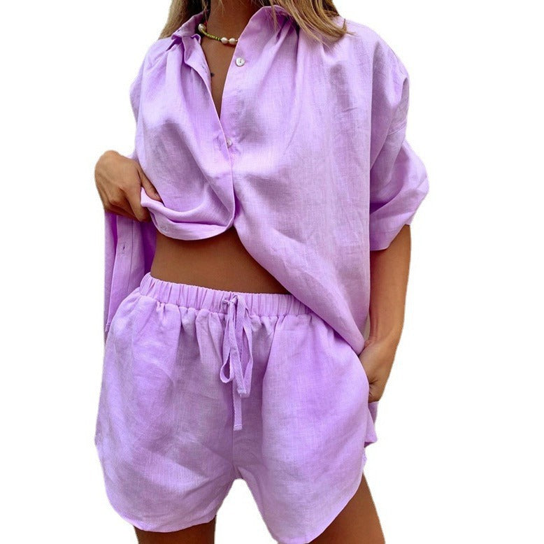 Europe and the United States 2025 summer new women's solid color single-breasted short-sleeved shirt two-piece wide-leg pants tie-up shorts