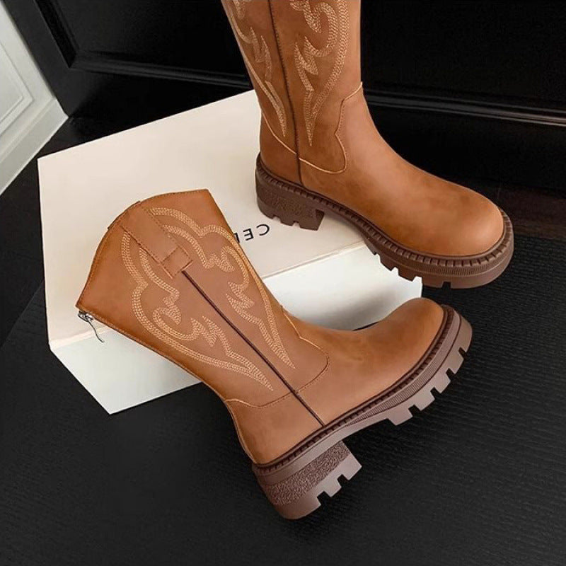 Retro soft leather platform soled versatile western cowboy boots small man kawanishi travel boots autumn and winter women's martin boots