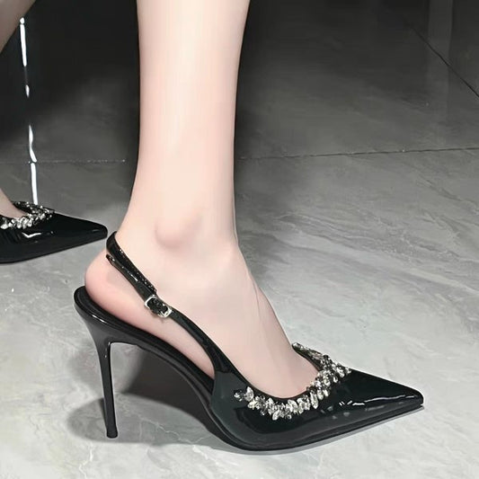 Baotou sandals women's 2024 spring new fairy patent leather high heels, stiletto pointed toe rhinestones, French temperament single shoes black