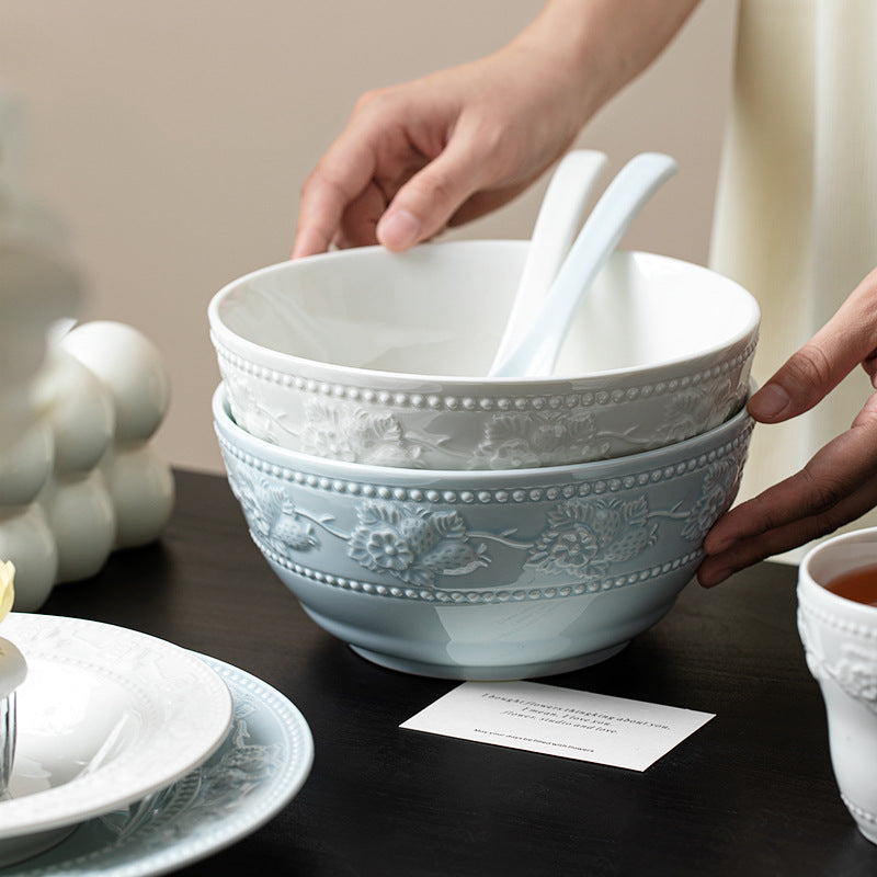 Ceramic tableware Classical light luxury embossed bowls and plates household rice soup bowl cup combination high-quality dishes set
