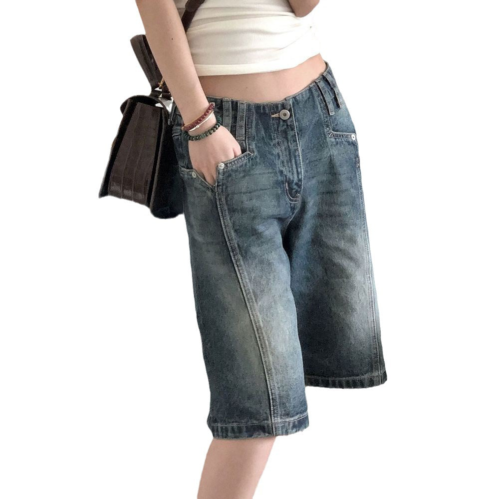 American vibe retro washed old denim shorts women's high street tide brand design sense loose straight five-point pants