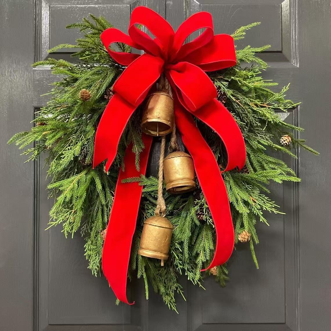 2024 New Christmas Wreath Door Decoration Pendant Simulated Eucalyptus Bell Bow Wall Decoration Cross-border