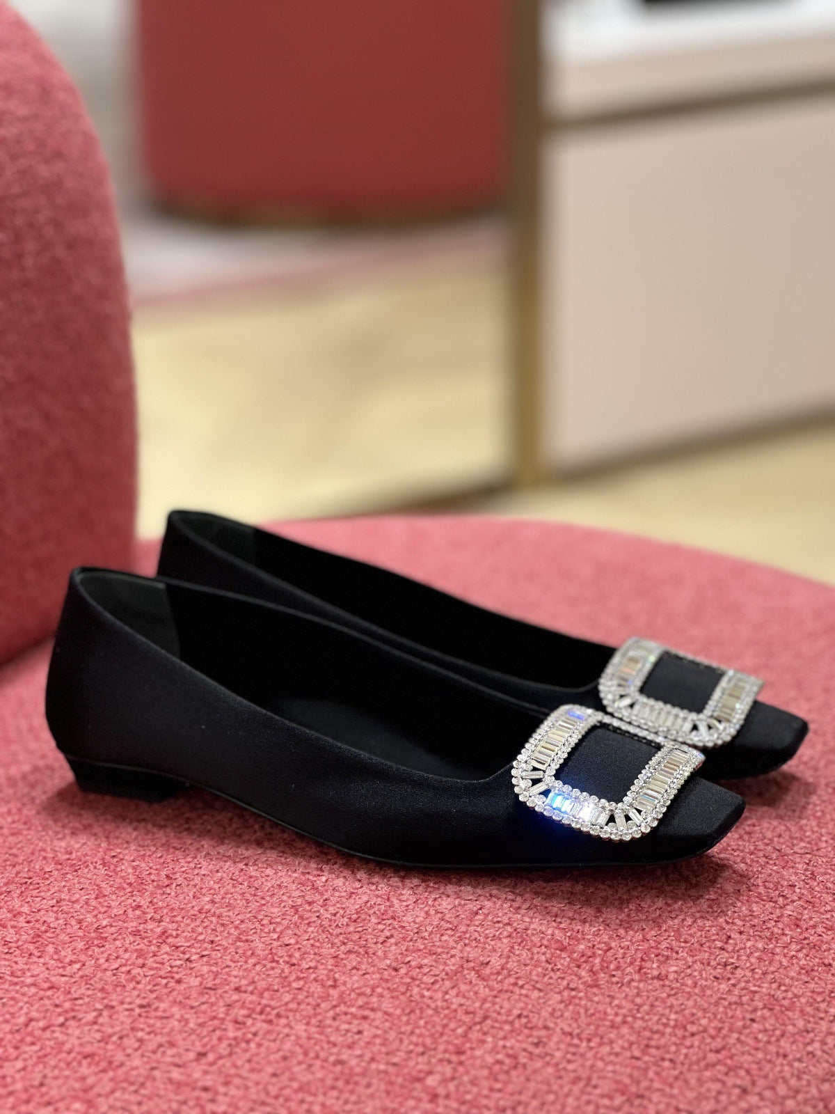 Sheepskin version ~ beautiful rhinestone square buckle leather heels, women's French square toe, Mary Jane single shoes, scoop shoes, evening shoes