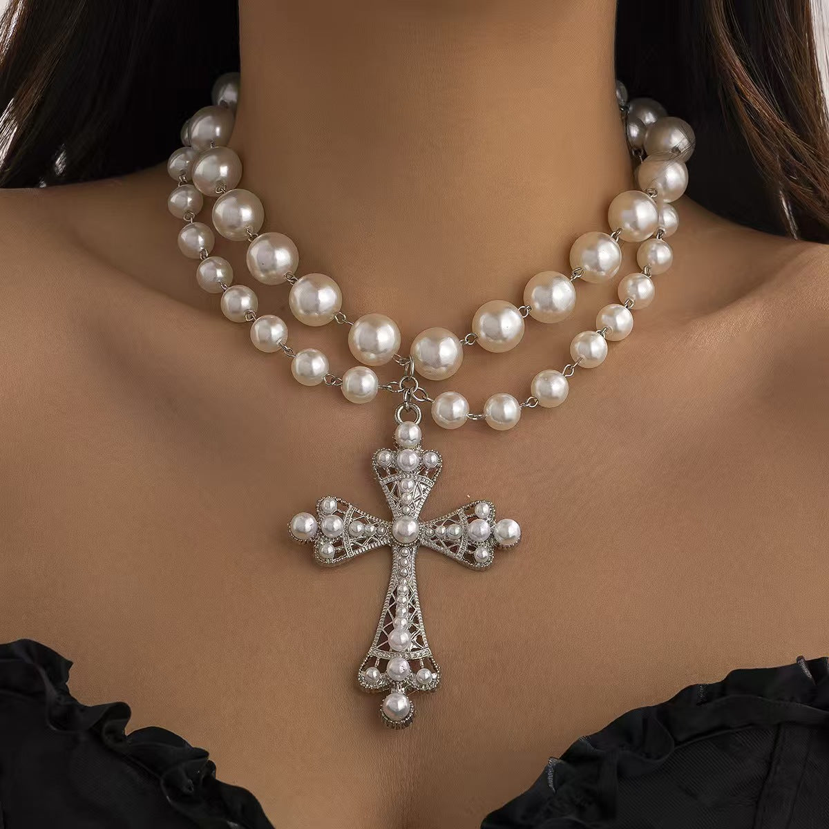 European and American cross-border jewelry fashion multi-layer punk cross necklace ins geometric alloy collarbone chain
