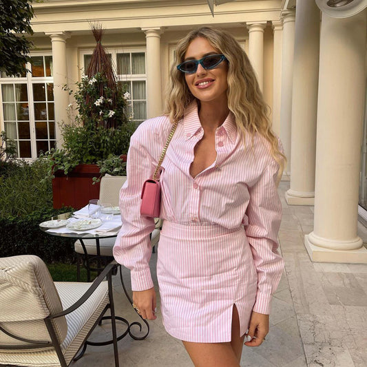 2025 Foreign Trade Women's Clothing New Commuter Colel Long Sleeve Striped Shirt Hip Skirt Fashion Office Suit
