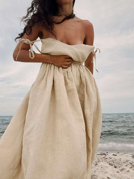 Cross-border cotton V-neck sundress women's European and American 2025 spring new temperament elegant sexy lace-up backless dress
