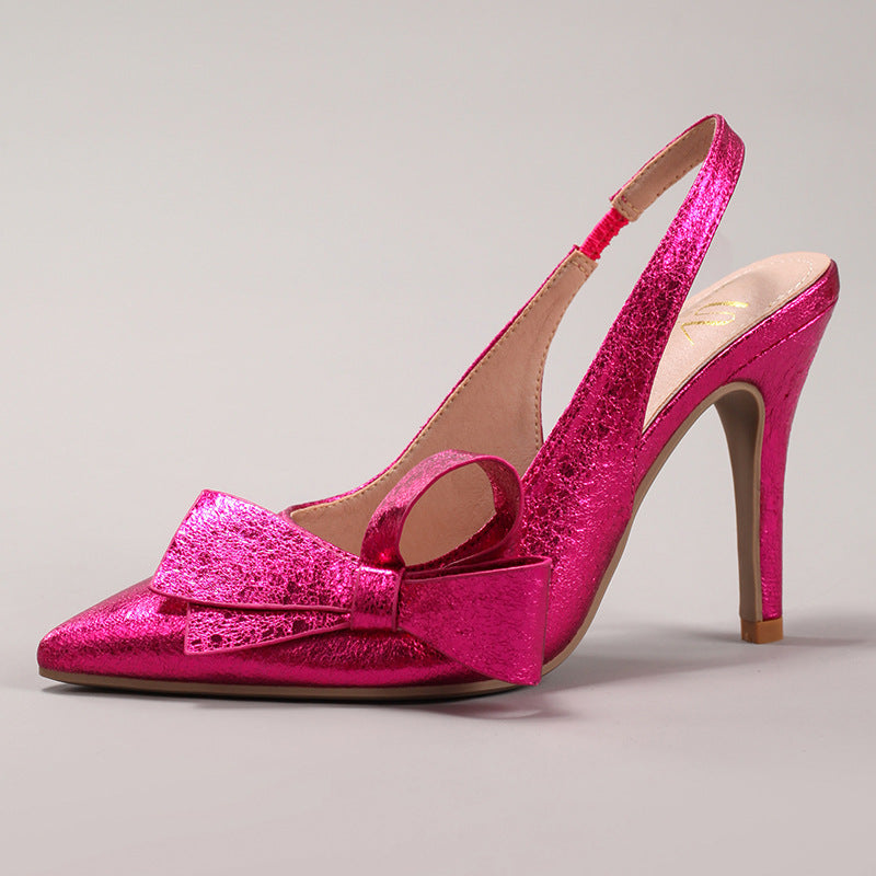 Bow high heel sandals shiny PU elegant sexy pointed toe after wedding banquet strap sandals for women crossing Europe and the United States