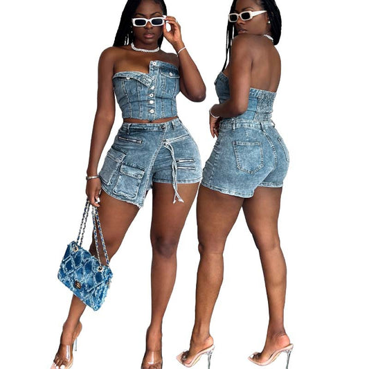 HR88010 European and American fashion women's clothing cross-border supply Wrap overalls shorts denim suits