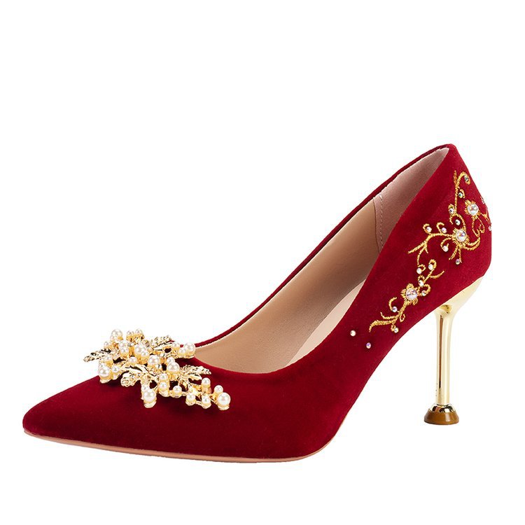 High Heels 2024 New Shoes Red Xiuhe Wedding Shoes Wedding Dress Pearl Embroidered Shoes Two Wear Wedding Women's Shoes Jinjin