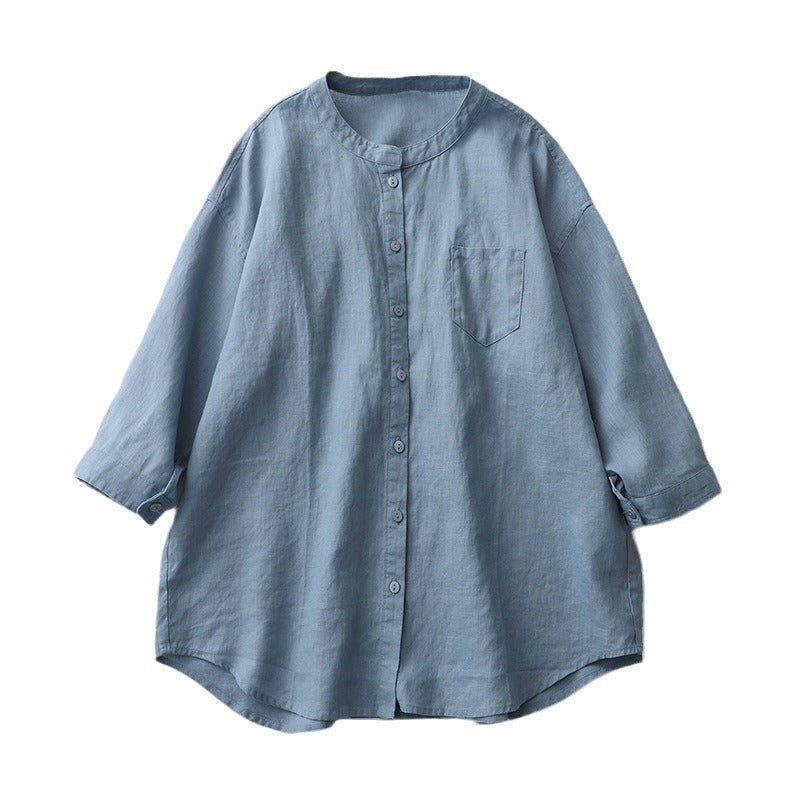 2025 summer linen shirt stand-up collar three-quarter sleeve white shirt loose plus size sunscreen shirt japanese cotton and linen women's clothing