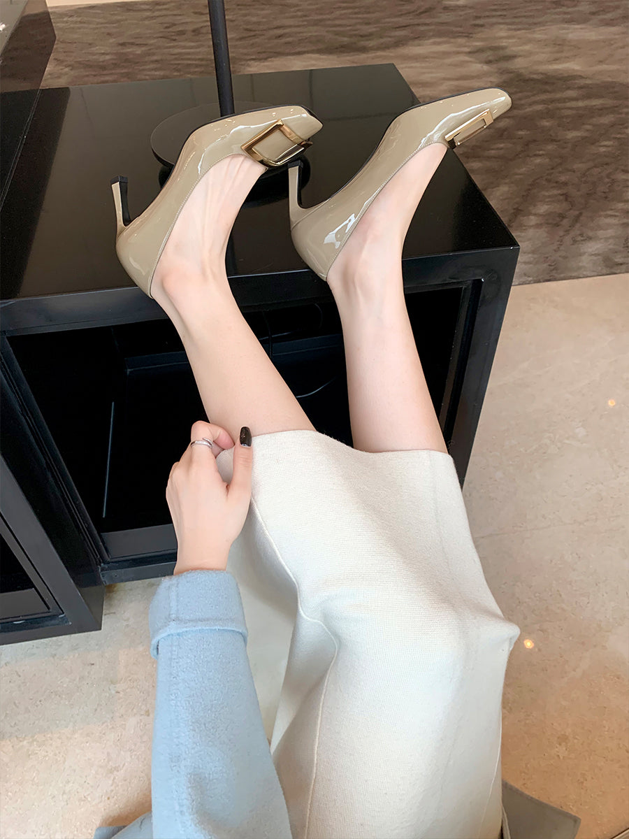 Spot second hair ~ Grape Mom French evening evening wind square buckle stiletto heel square toe shallow commuting single shoes women's spring and autumn