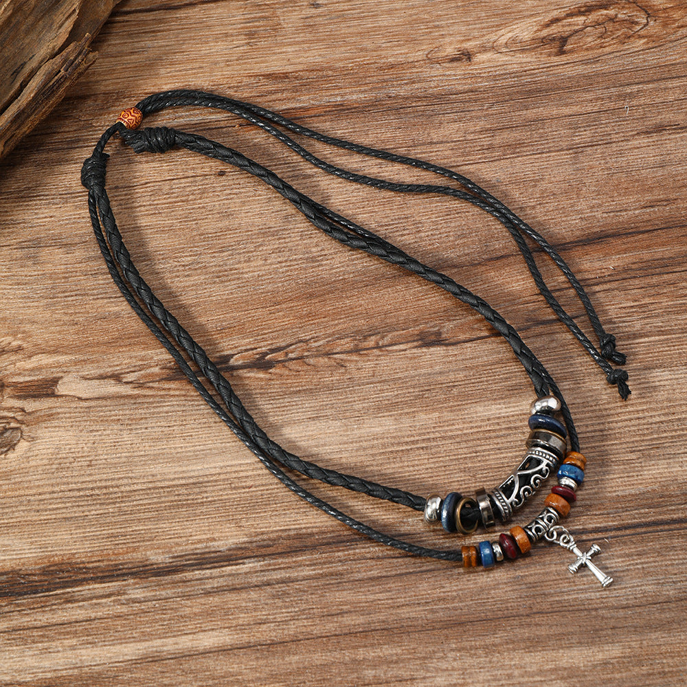 Factory direct sales alloy cross pendant collarbone chain men's vintage double adjustable necklace beaded necklace