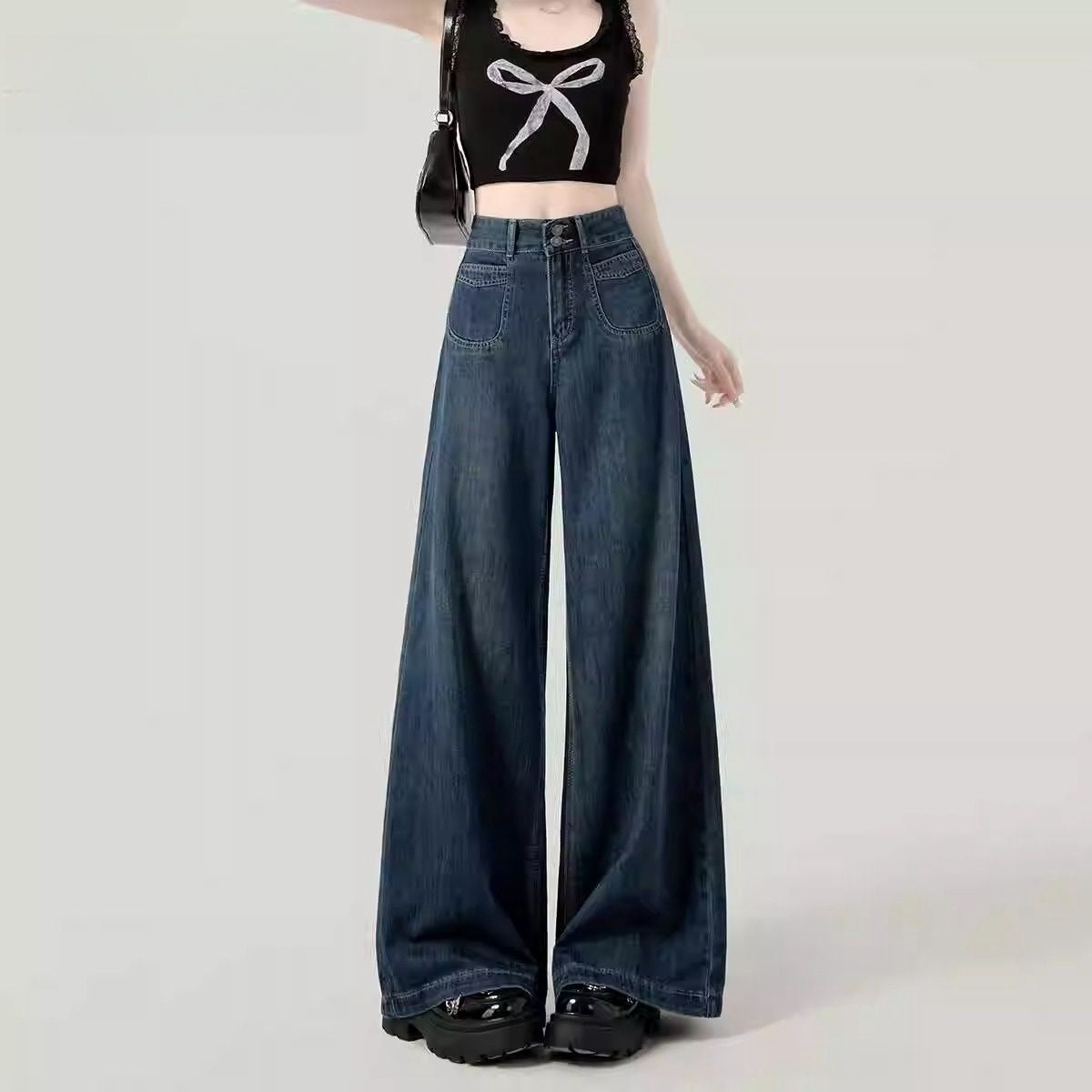 2025 dark blue high-waisted wide-leg jeans women's summer versatile slim autumn dress loose straight pants spring and autumn style