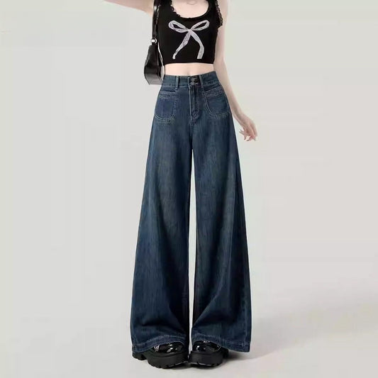 2025 dark blue high-waisted wide-leg jeans women's summer versatile slim autumn dress loose straight pants spring and autumn style