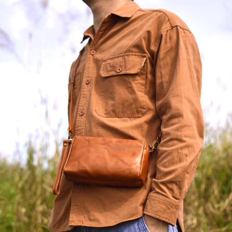 Forest small square bag, high-quality retro double zipper crossbody bag, handmade vegetable tanned leather, men's leather, mobile phone small bag