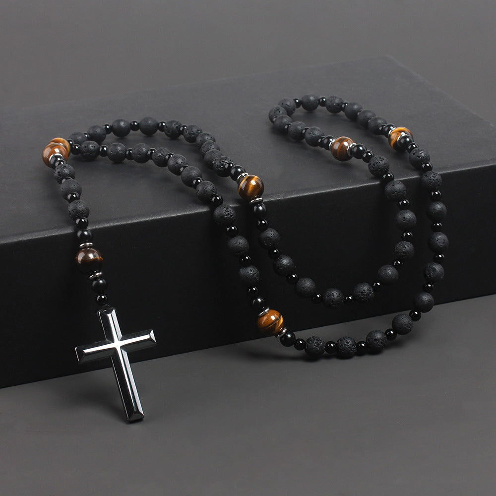 Cross-border Amazon same natural stone black volcanic rock yellow tiger eye iron stone cross religious men's necklace