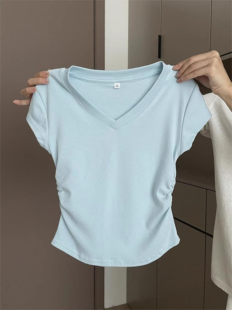 92 cotton blue shoulder short sleeve T-shirt women's summer slim fit look thin foreign folded waist cropped t-shirt top