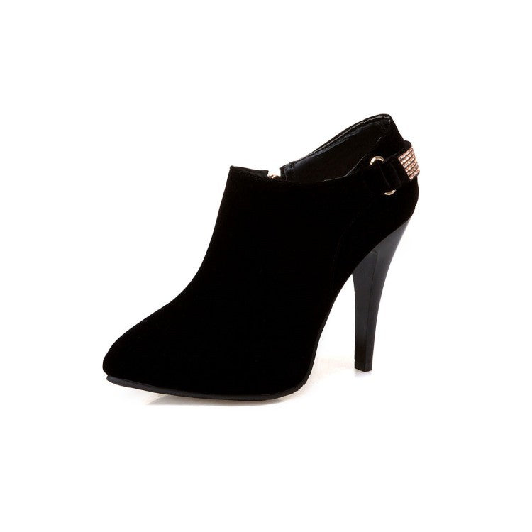 31-50 Coffee Rain Plus Size Women's Suede Heels Rhinestone Side Zippers Pointed Toe Warm & Nude Shoes W333