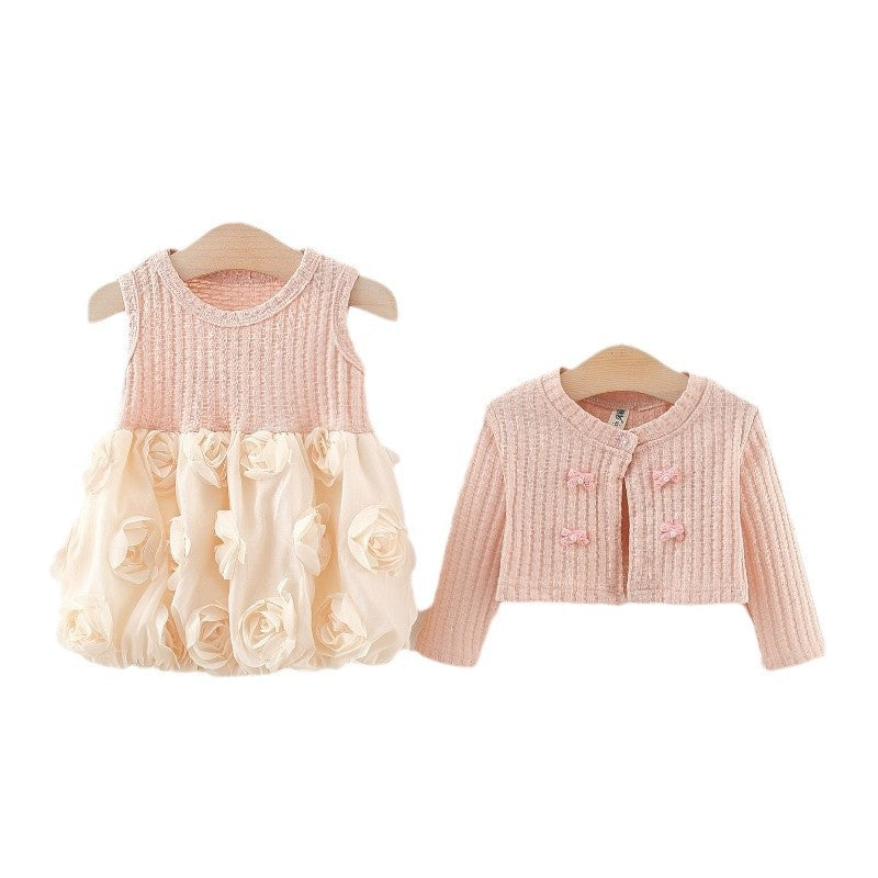 Children's Clothing Girls' Skirt Set Spring and Autumn Children's Baby Knitted Cardigan + Rosebud Princess Skirt Two-piece Set