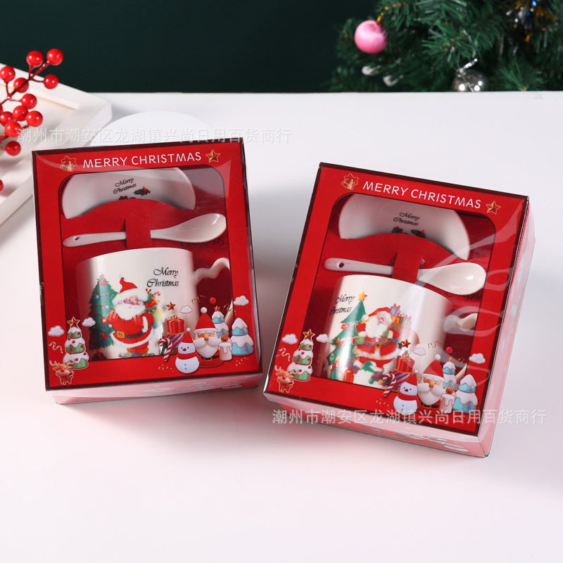 Cross Border Water Cup Christmas Gift Cartoon Personality Santa Claus Ceramic Mug Breakfast Cup Practical Gift Set