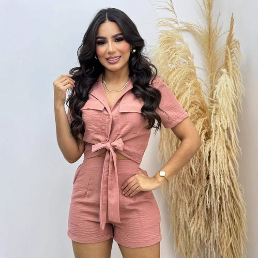 European and American cross-border spot women's clothing 2025 new spring and summer fashion short sleeve lace-up shirt casual shorts two-piece set