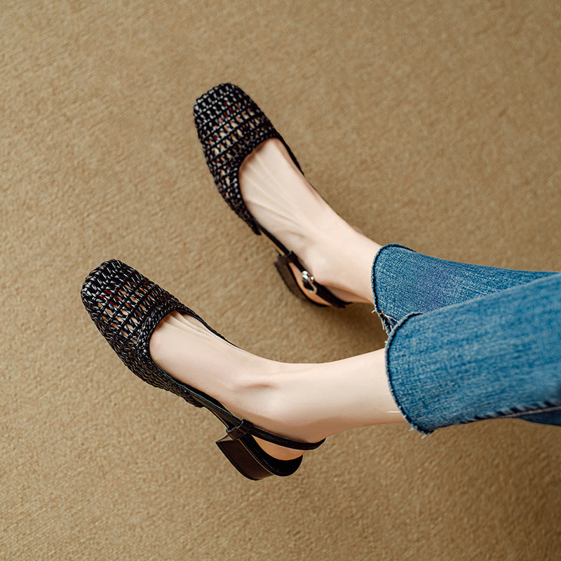 Woven Cutout Toe Sandals Women's Summer 2024 New Fashion Breathable Square Toe Medium Block Heel Hollow Women's Shoes Single Shoes