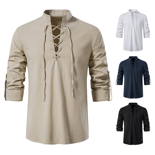 Amazon men's cotton and linen henry shirt long sleeve hippie casual beach stand up collar shirt European and American cross-border drawstring shirt