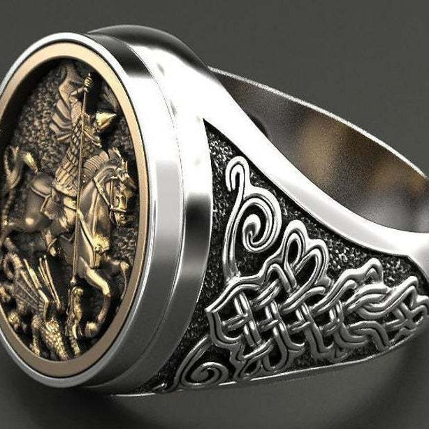 Huajie Unique Sovereign Men's Ring Portrait of St. George Plated 925 Two-Tone Roman Soldier Dragon Ring