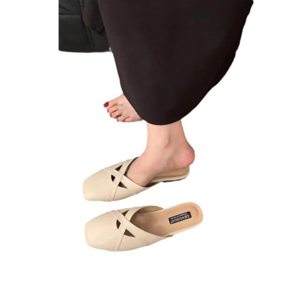 French-style Baotou sandals for women to wear retro and versatile square toe Korean version of crossover strap Baotou Four Seasons shoes for women 1