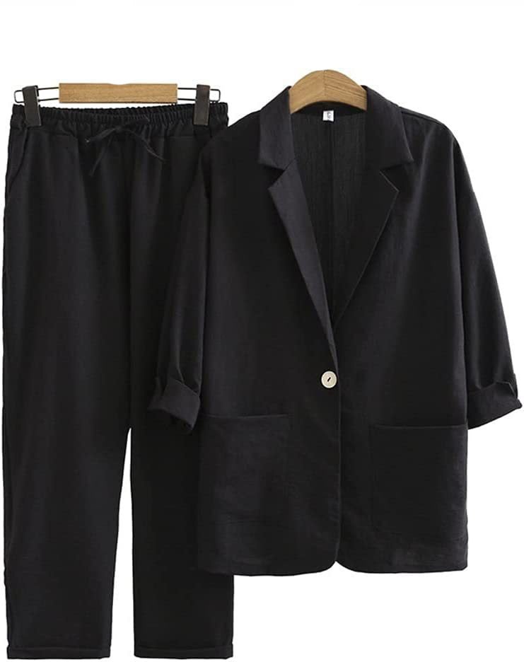 2025 European and American New Women's Autumn Commuter Suits Cotton and Linen Jacket Pants Pockets Loose Fashion Casual Wear