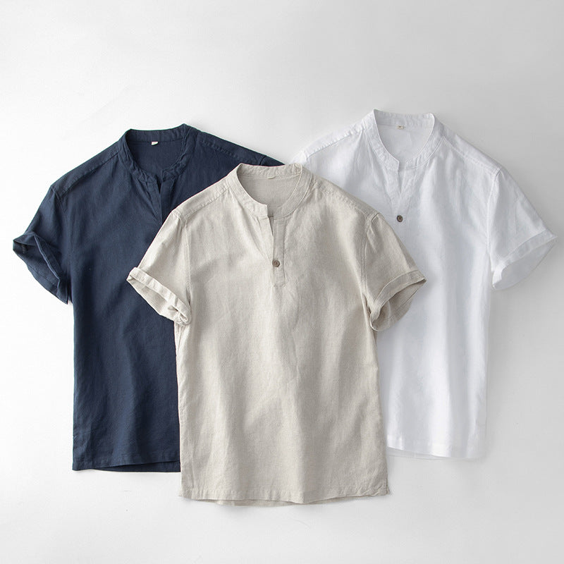 202 men's linen cotton short sleeve pullover stand collar shirt casual linen scoop neck top