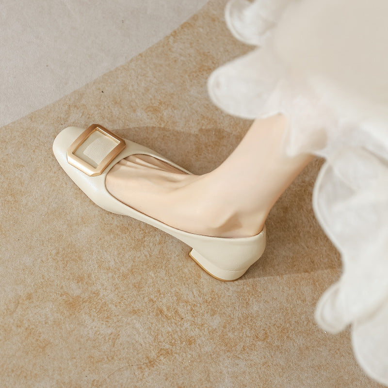 Leather pumps, women's block heels, spring and autumn new versatile square toe medium heel granny shoes, commuter work shoes