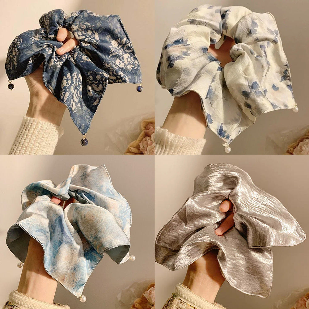 New Chinese blended style square scarf large intestine scrunchie women's large high-end square headband low ponytail hair tie hair accessory