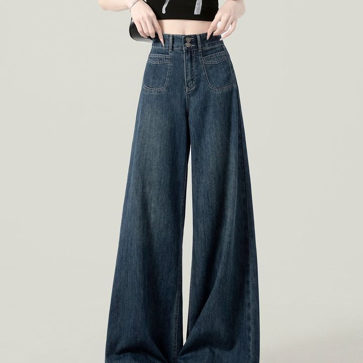 2025 dark blue high-waisted wide-leg jeans women's summer versatile slim autumn dress loose straight pants spring and autumn style