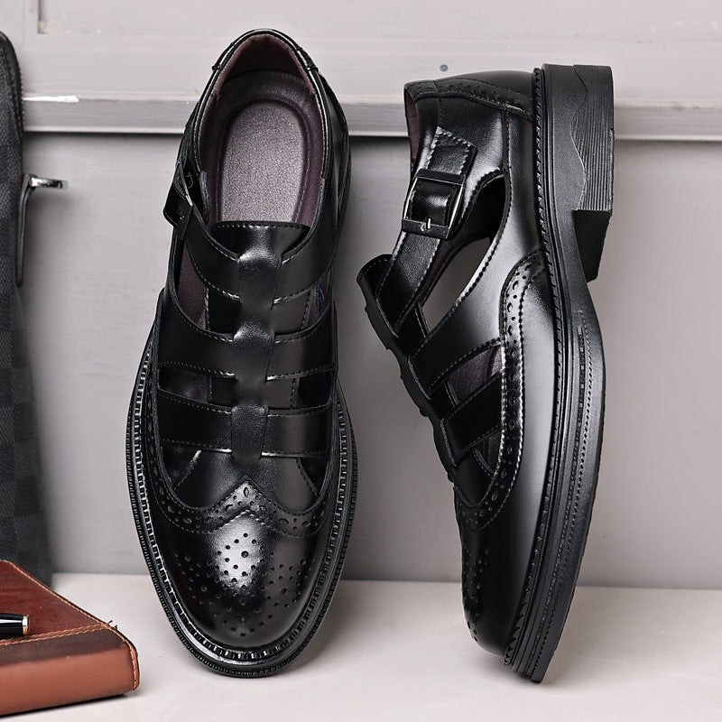 Beach shoes men's sandals retro baotou business dress leather sandals genuine leather korea trend version hollow leather shoes men's handmade