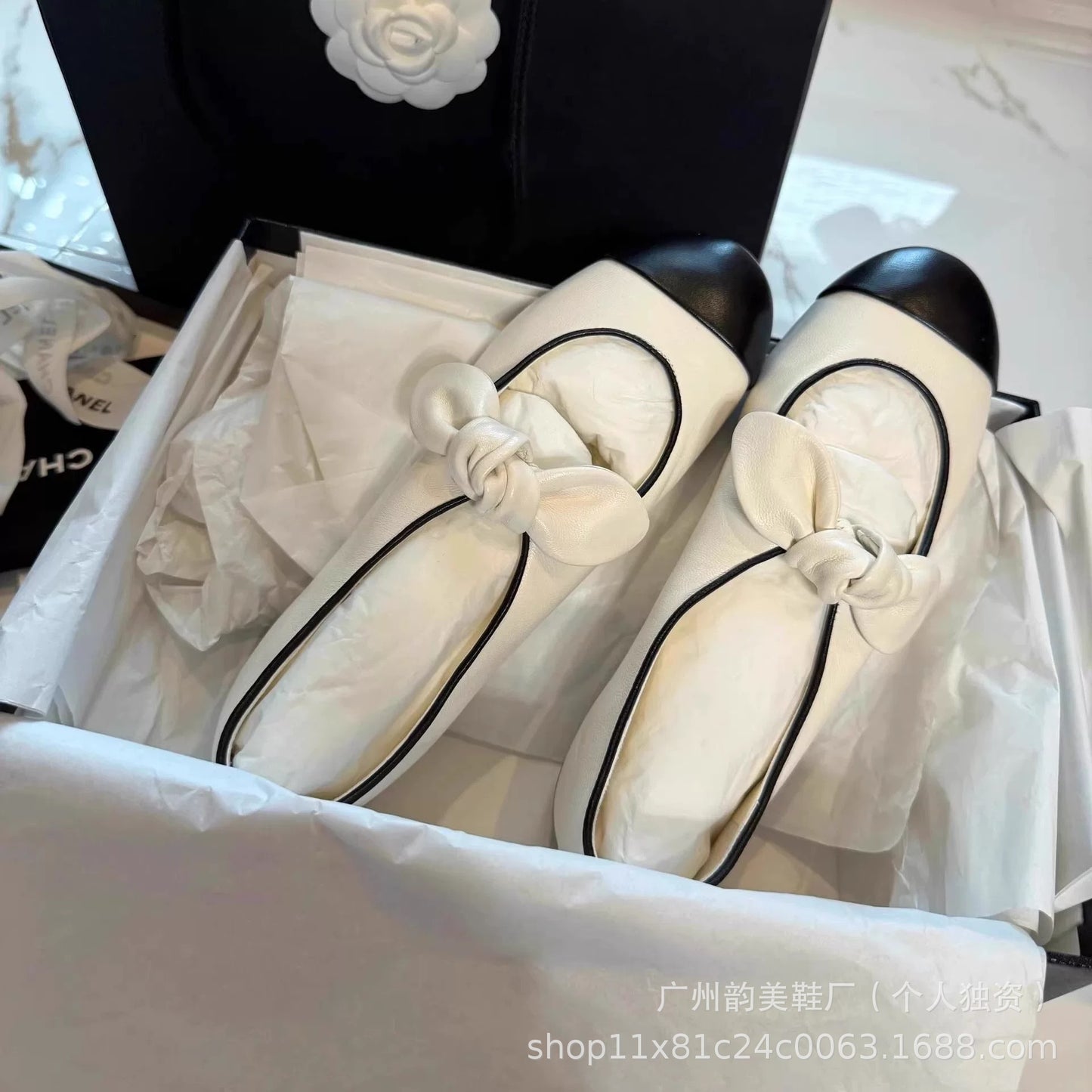Little Fragrance Bow Mary Jane Single Shoes Leather Pumps Female Rabbit Ears Black and White Color-Blocked Ballet Shoes