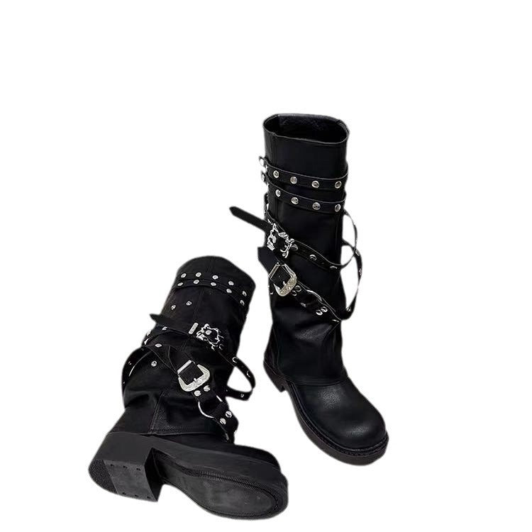 ~Spice Girls~ 2024 Fall/Winter Thick-soled Rivet Belt Buckle Women's Boots, Tall Rider Boots, Personality Slim Boots