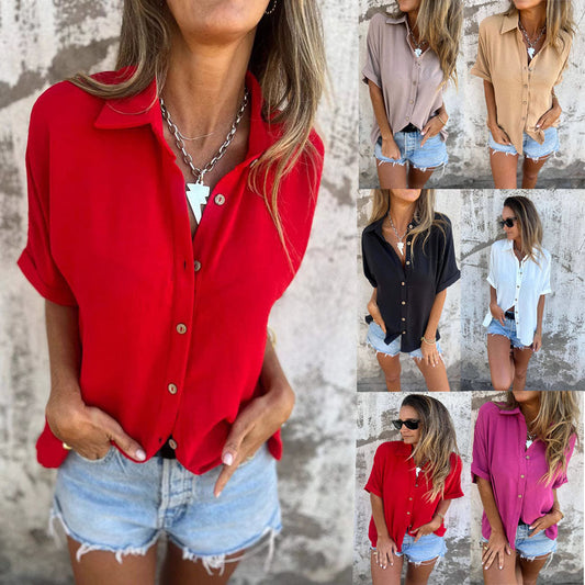 Cross border Europe and the United States Amazon Shirt Women's Spring Summer 2025 New Button Lapel Sleeve Casual Women's Top