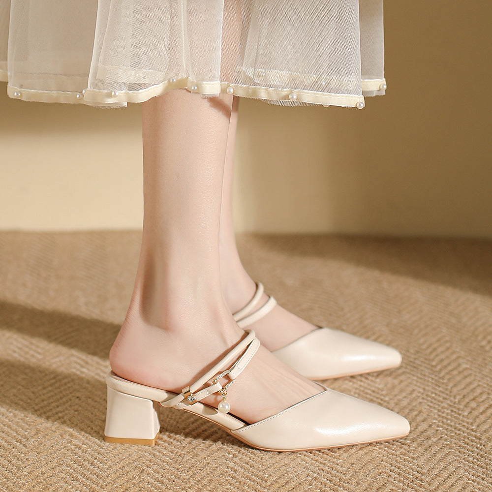 Sandals Women's 2024 Summer New Pointed Toe Single Shoes Thick Middle Heel Half Support Beautiful High Heel French Baotou Slippers