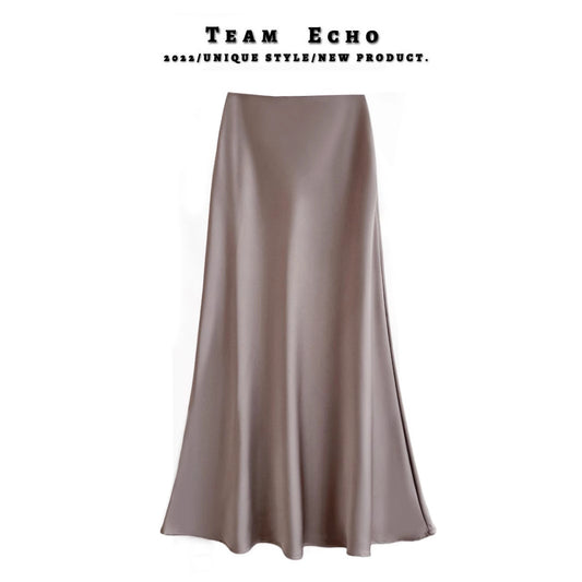 High-waisted slim midi satin acetate silky skirt 2025 spring and summer new hip-wrapping fishtail A-line long skirt