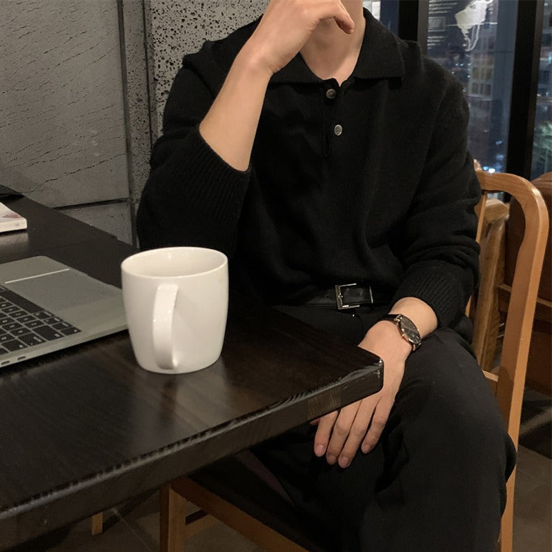New sweater men's trend DongdaemunKorean men's lapel designer polo collar skin-friendly loose knit