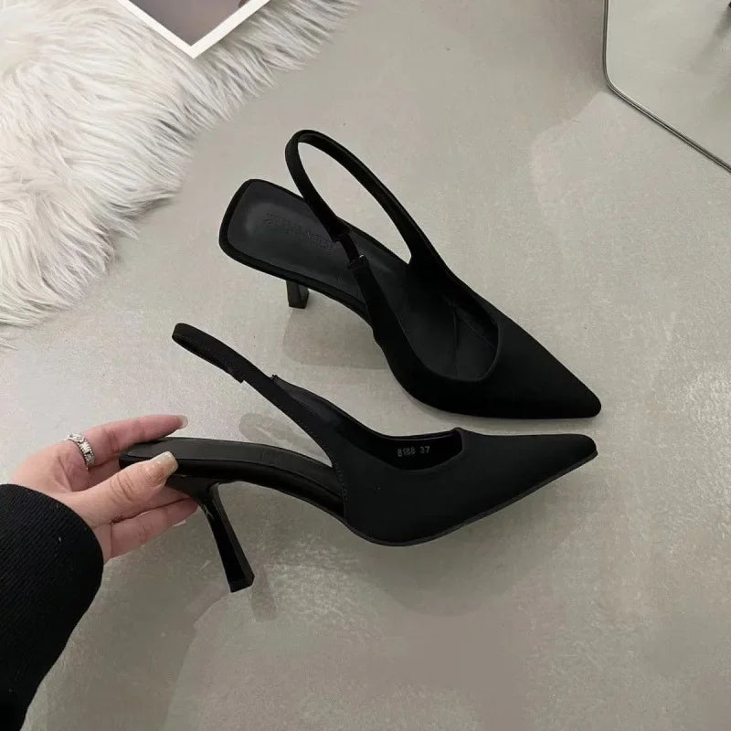 2024 Shallow Women's New Stiletto Sandals Solid Color Pointed Toe Back Empty Tie Toe Toe Solid Color Fashion High Heels