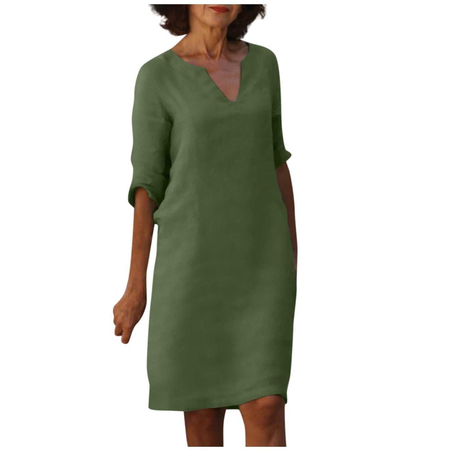 Amazon European and American cotton and linen V-neck stitching retro high-waisted solid color three-quarter sleeve dress cotton and linen wash crinkled fabric