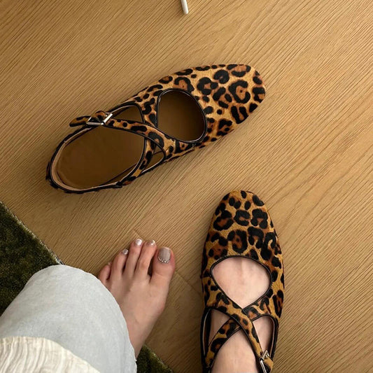Sheepskin version ~ Korean version of the niche leopard print horsehair soft ballet grandma Mary Jane shoes pumps women's flat sole