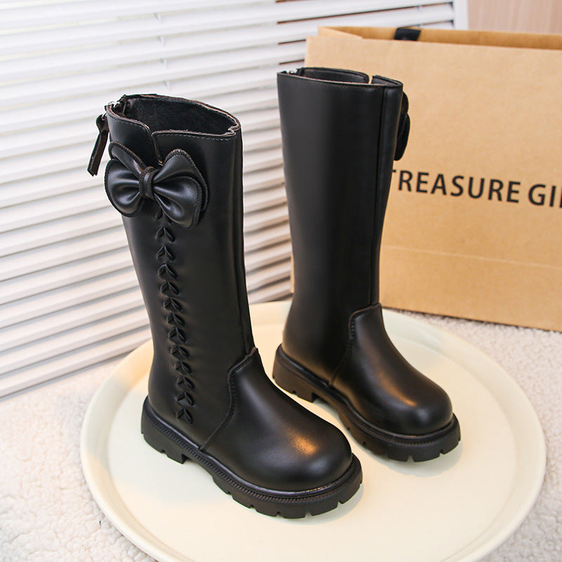 Girls' boots autumn and winter new Korean fashion boots in the middle and big boys with foreign bows and catwalk boots with fleece